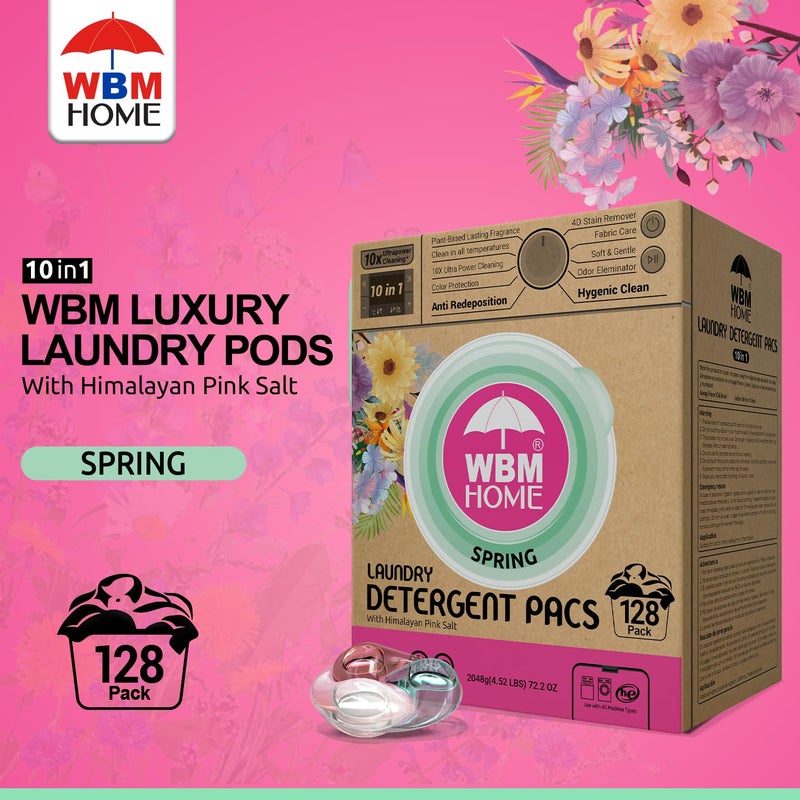 WBM Home Laundry Detergent Pods, Spring Fragrance Scent, 128 Count - HE Concentrated Laundry Pods With 10x Ultrapower Cleaning and 4D Laundry Stain Remover - Image 2
